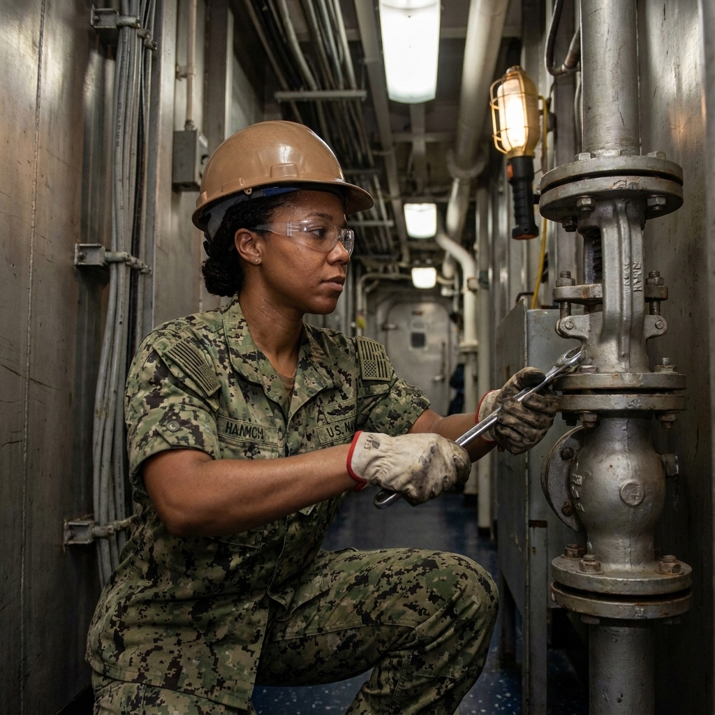 A U.S. Navy enlisted sailor working on equipment inside a ship passageway, wearing standard utility uniform and safety gear
