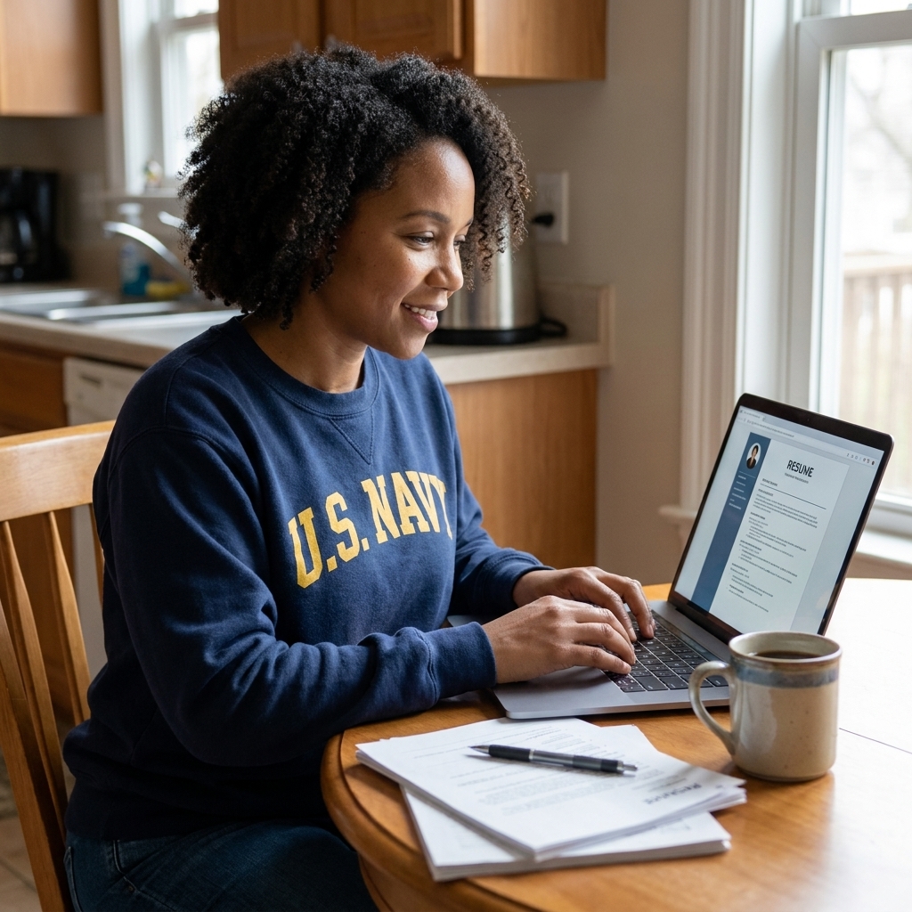 A U.S. Navy veteran sitting at a kitchen table using a laptop to update a resume, with a cup of coffee and papers spread neatly beside the computer
