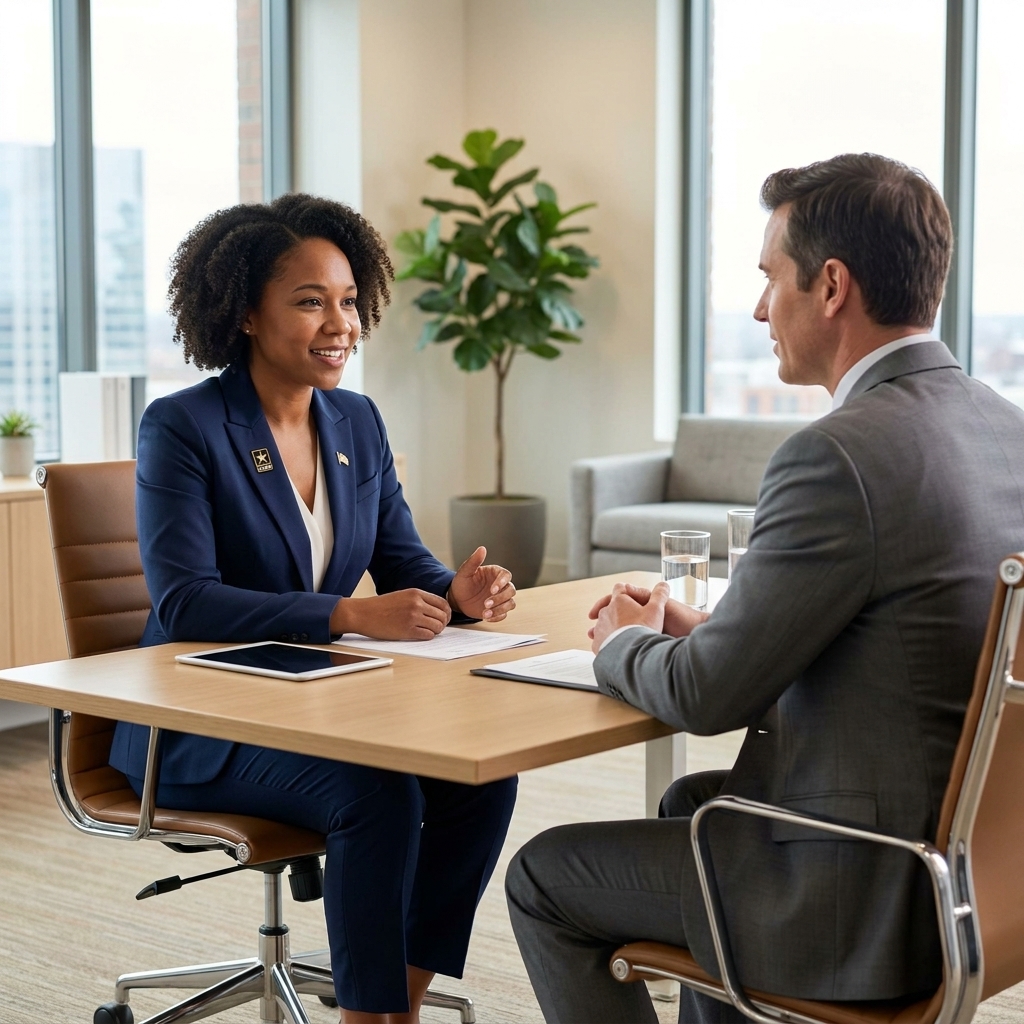 A U.S. military veteran in business attire speaking with a hiring manager across a desk in a modern office
