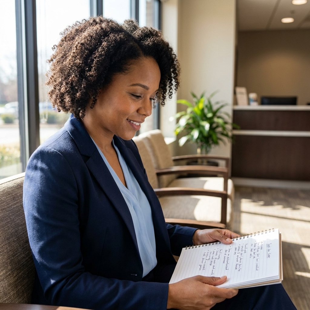 A candidate holding a notebook with handwritten bullet points while sitting in a waiting area