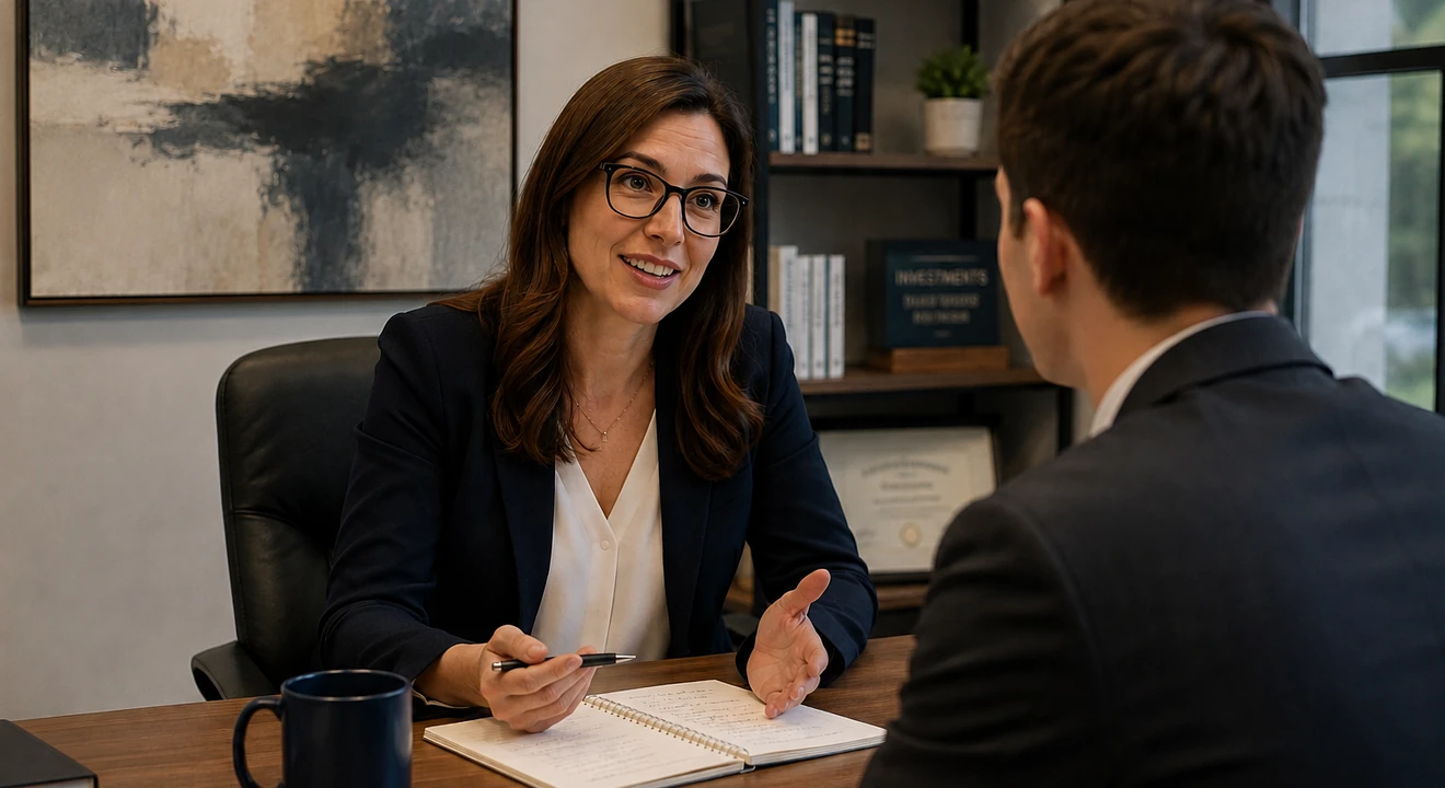 A career coach and an adult client sitting at a small table in a quiet office, reviewing notes together in a supportive conversation
