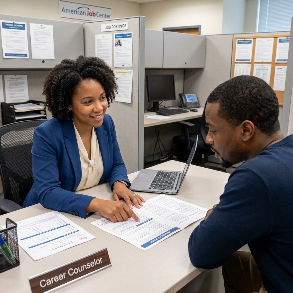 A career counselor meeting with an adult student at an American Job Center office, reviewing training program paperwork at a desk