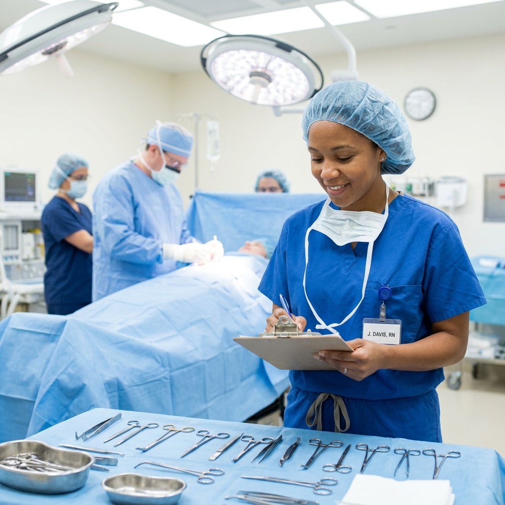 A circulating nurse in an operating room checking a surgical instrument table while a surgical team prepares in the background