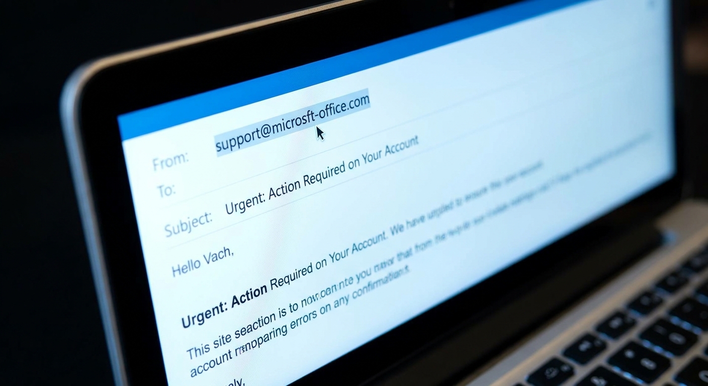 A close-up of a laptop screen showing an email with a sender address that has a slightly misspelled company domain, with the cursor hovering near the address
