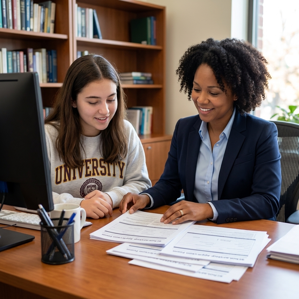 A college advisor sits with a student at an office desk and reviews printed scholarship forms together.