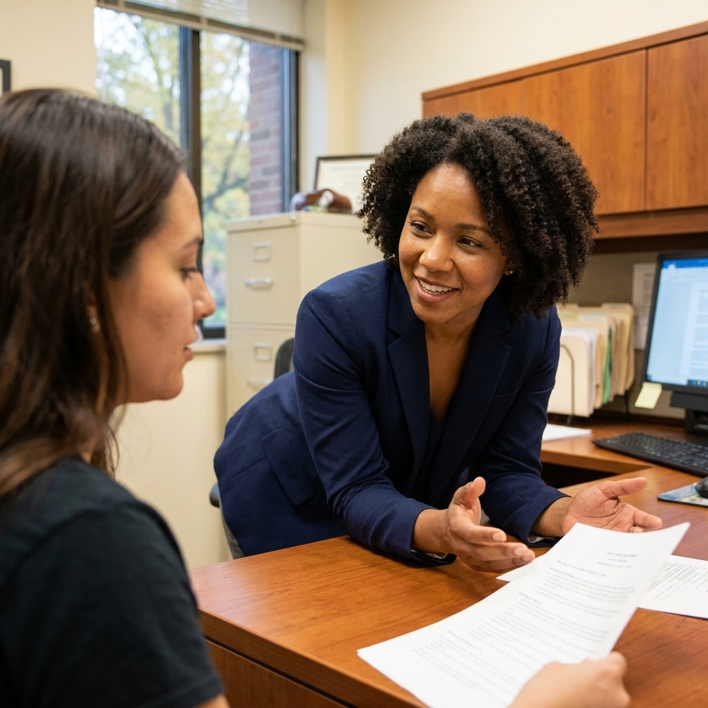 A college financial aid counselor speaking with an adult student across a desk in a campus office