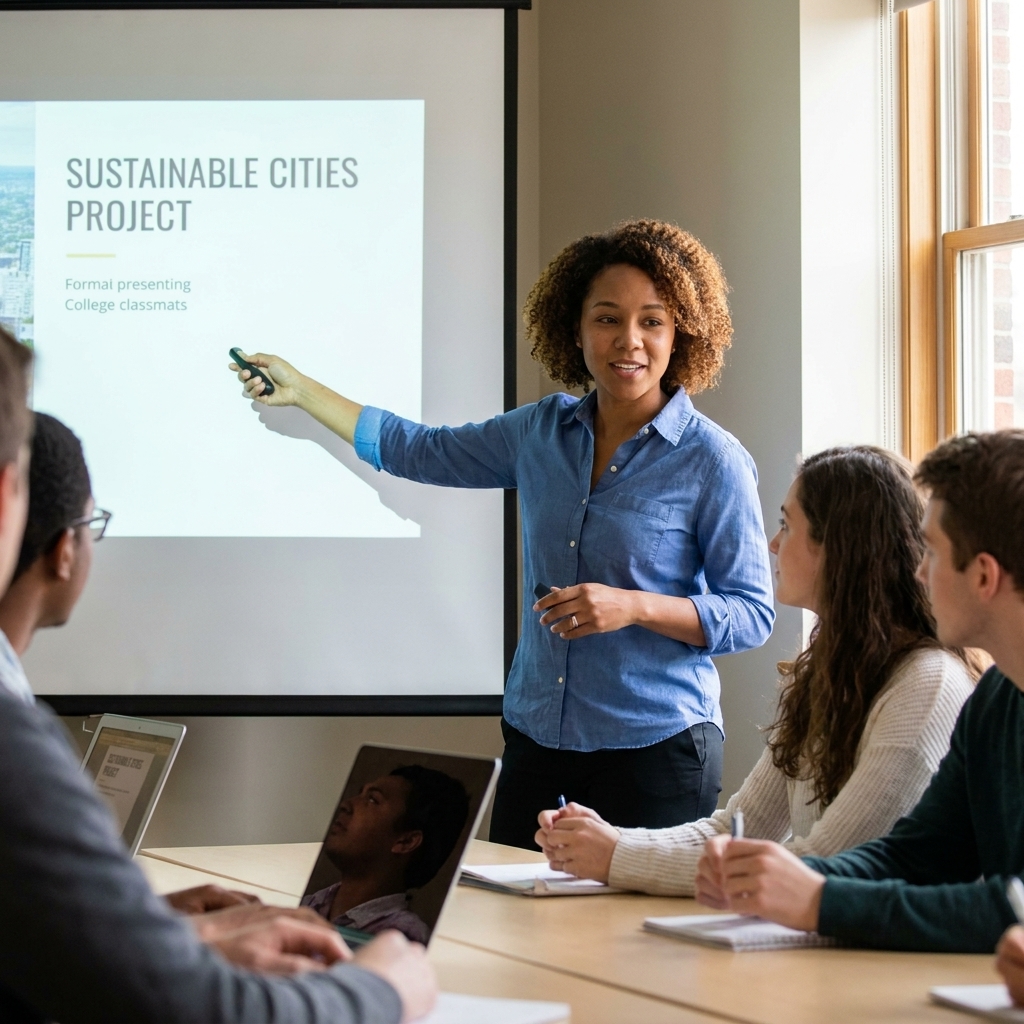 A college student presenting slides to classmates during a group project