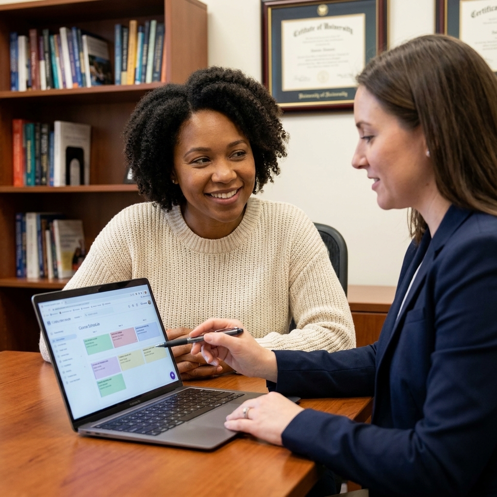 A college student sitting with an academic advisor in an office, reviewing course plans on a laptop