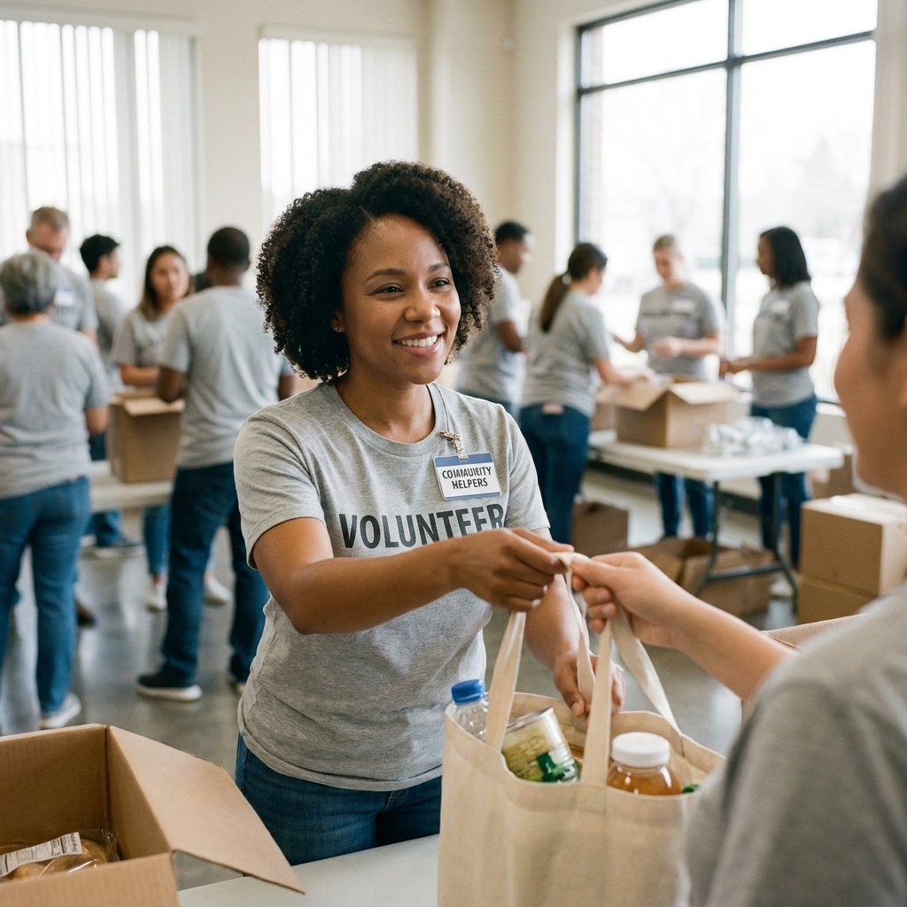 A college student wearing a volunteer badge handing out supplies at a community center during a busy event