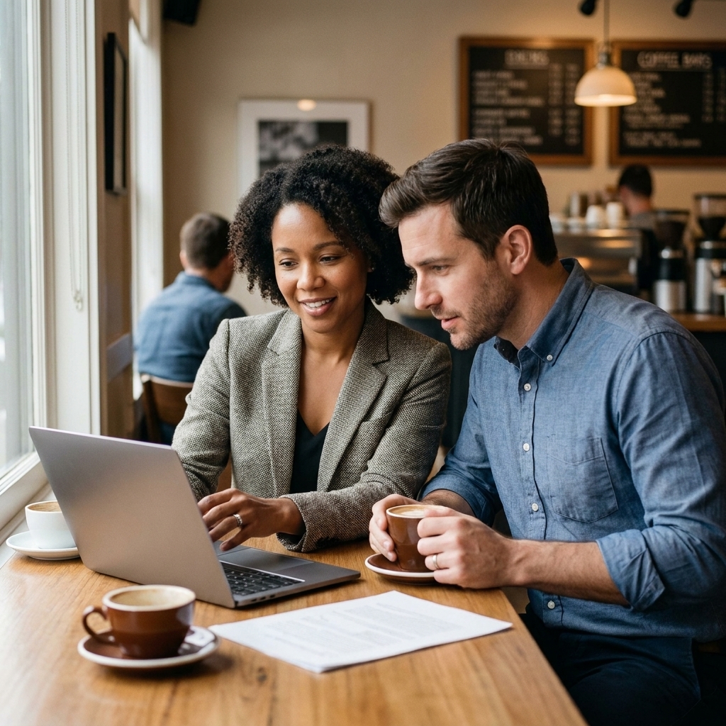 A consultant and a client sitting at a coffee shop table reviewing a laptop together
