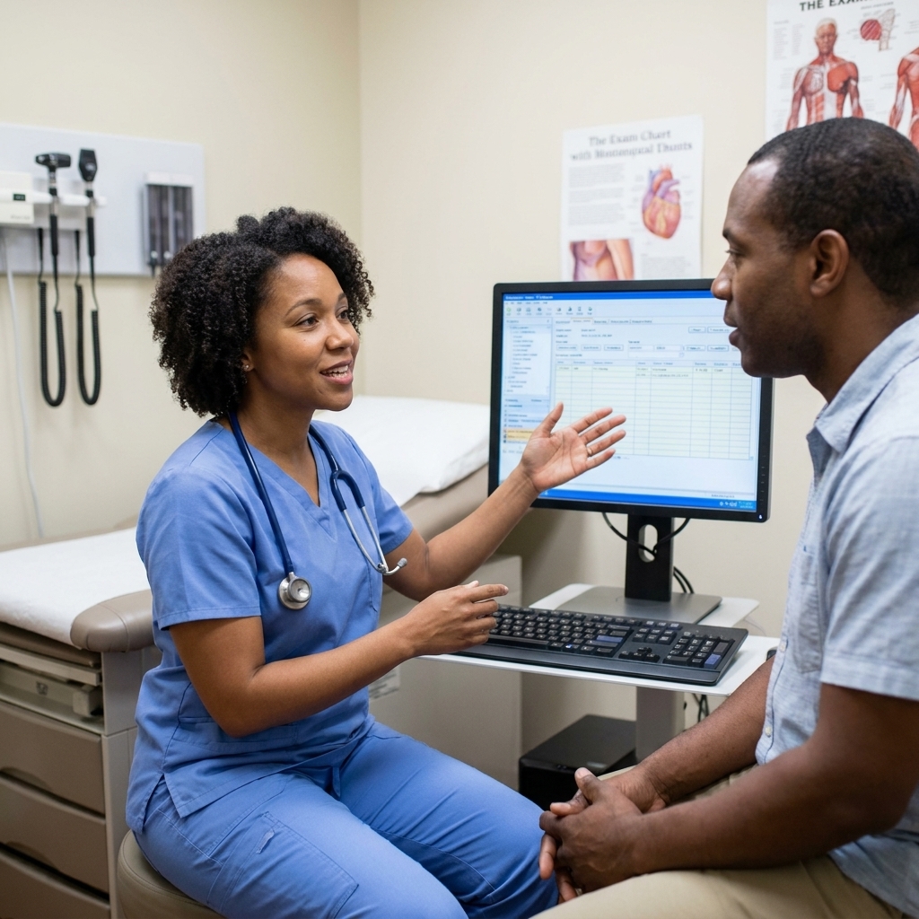 A family nurse practitioner in a clinic exam room reviewing a patient chart on a computer while speaking with an adult patient