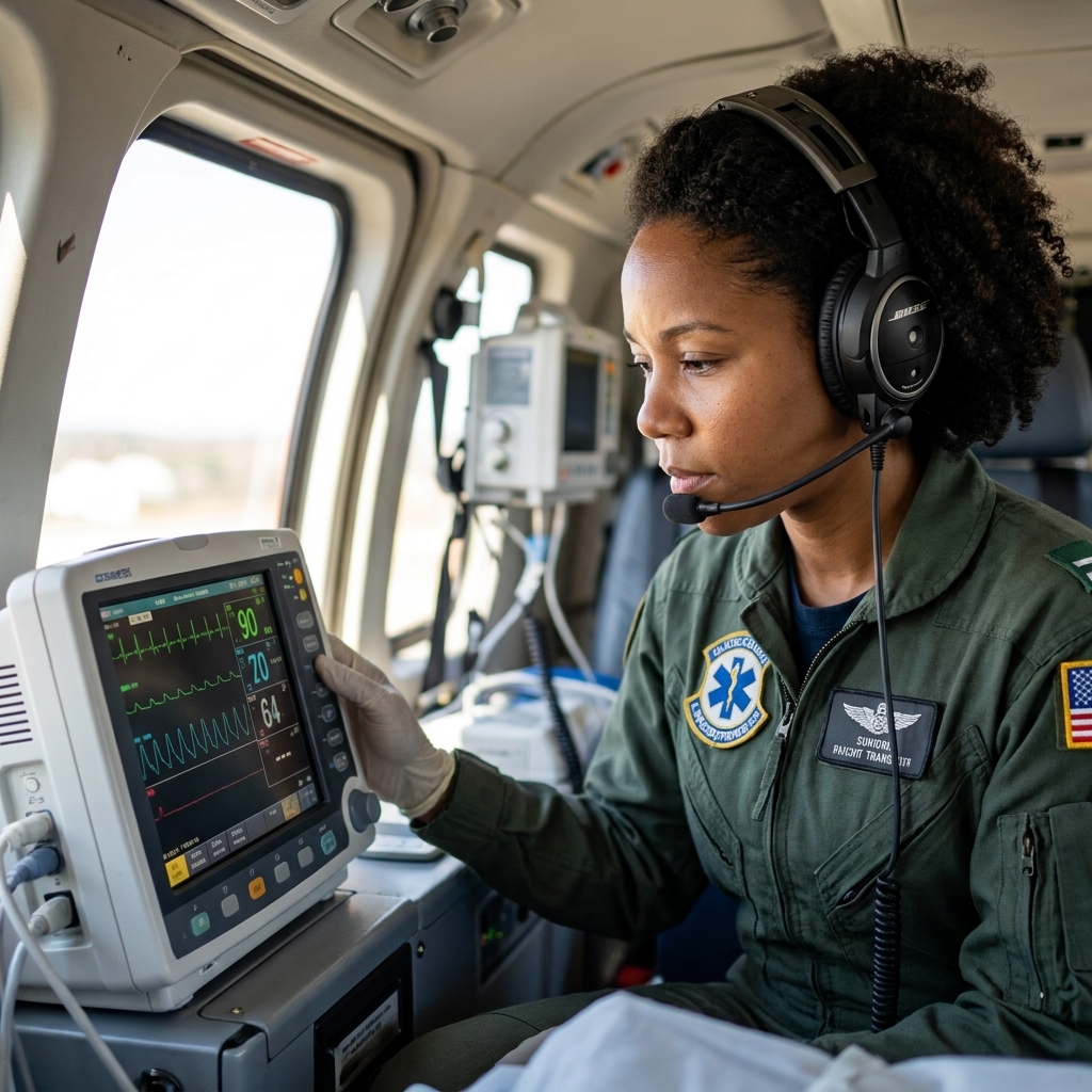 A flight nurse in a helicopter wearing a flight suit and headset while checking a patient monitor during medical transport