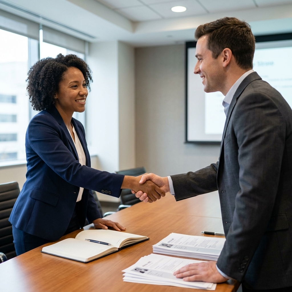 A hiring manager and a job candidate shaking hands at the end of an interview in a conference room, with a notebook and printed papers on the table