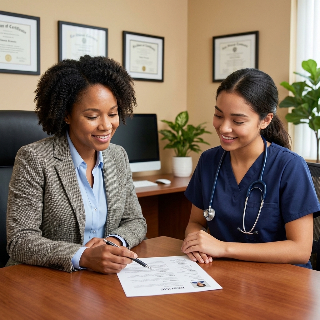 A hospital recruiter in an office speaking with a new graduate nurse candidate across a desk, both reviewing a resume