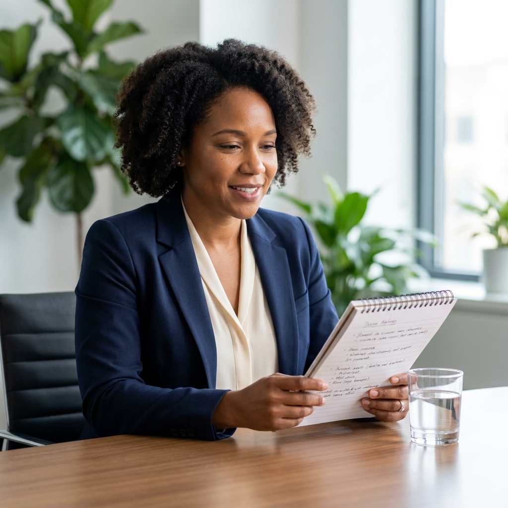 A job candidate holding a notepad with handwritten notes while sitting in an interview room