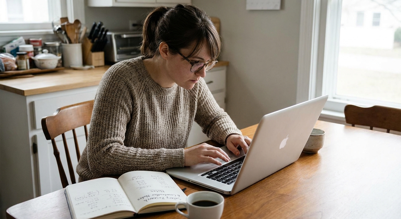 A job candidate sitting at a kitchen table typing an email on a laptop with a notepad nearby, preparing a compensation counteroffer