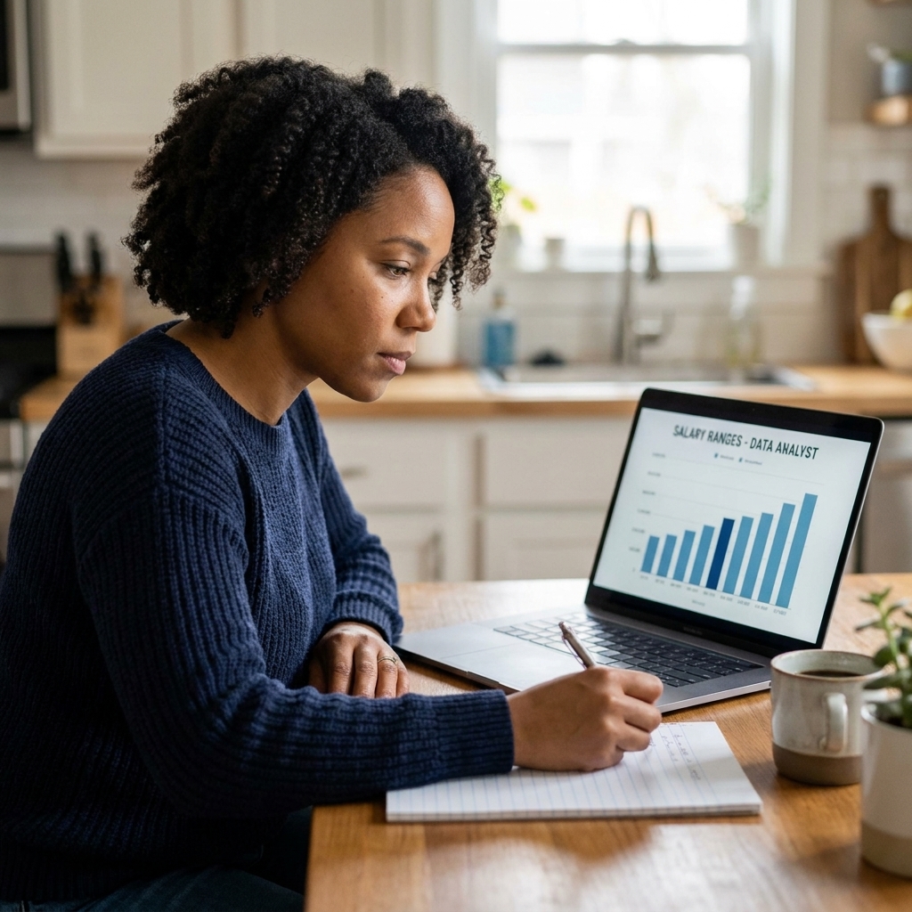A job seeker at a kitchen table comparing salary ranges on a laptop while taking notes on a notepad