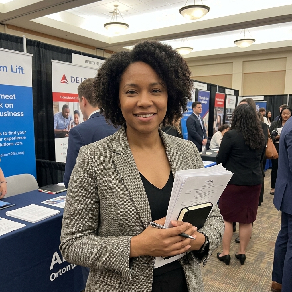 A job seeker holding several printed resumes and a small notebook while standing near employer booths at a career fair