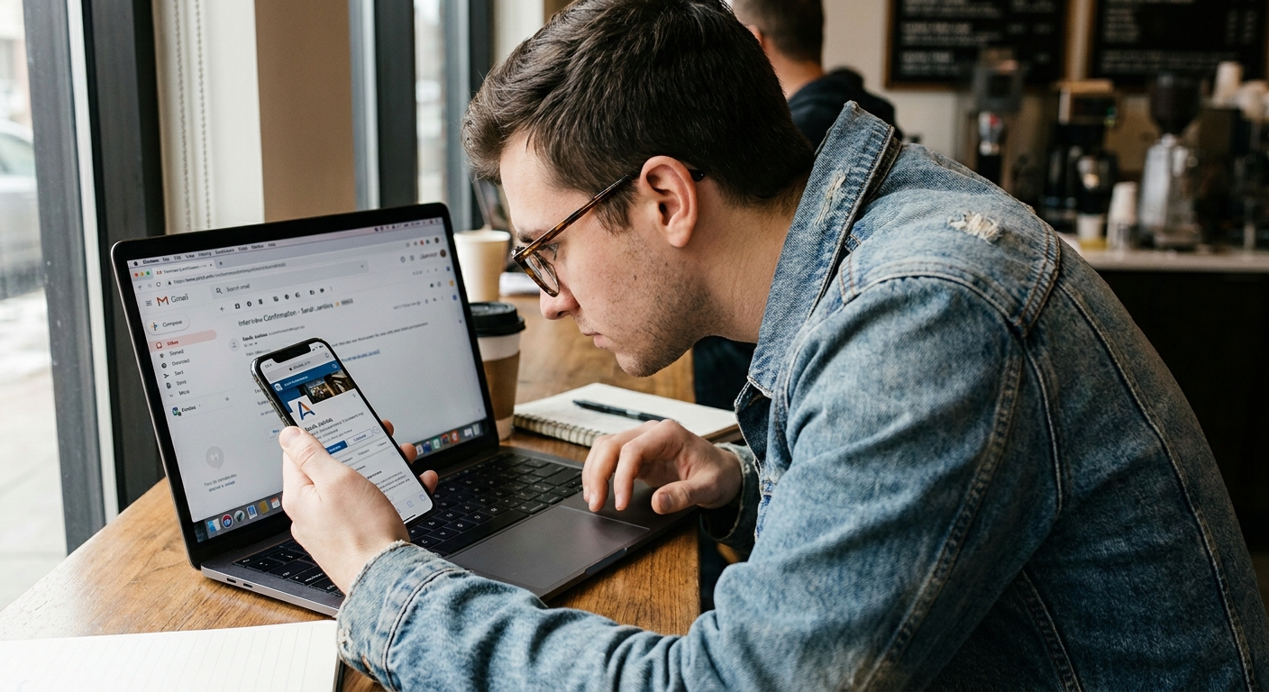A job seeker looking closely at an email on a laptop screen while holding a smartphone to verify a recruiter and company details