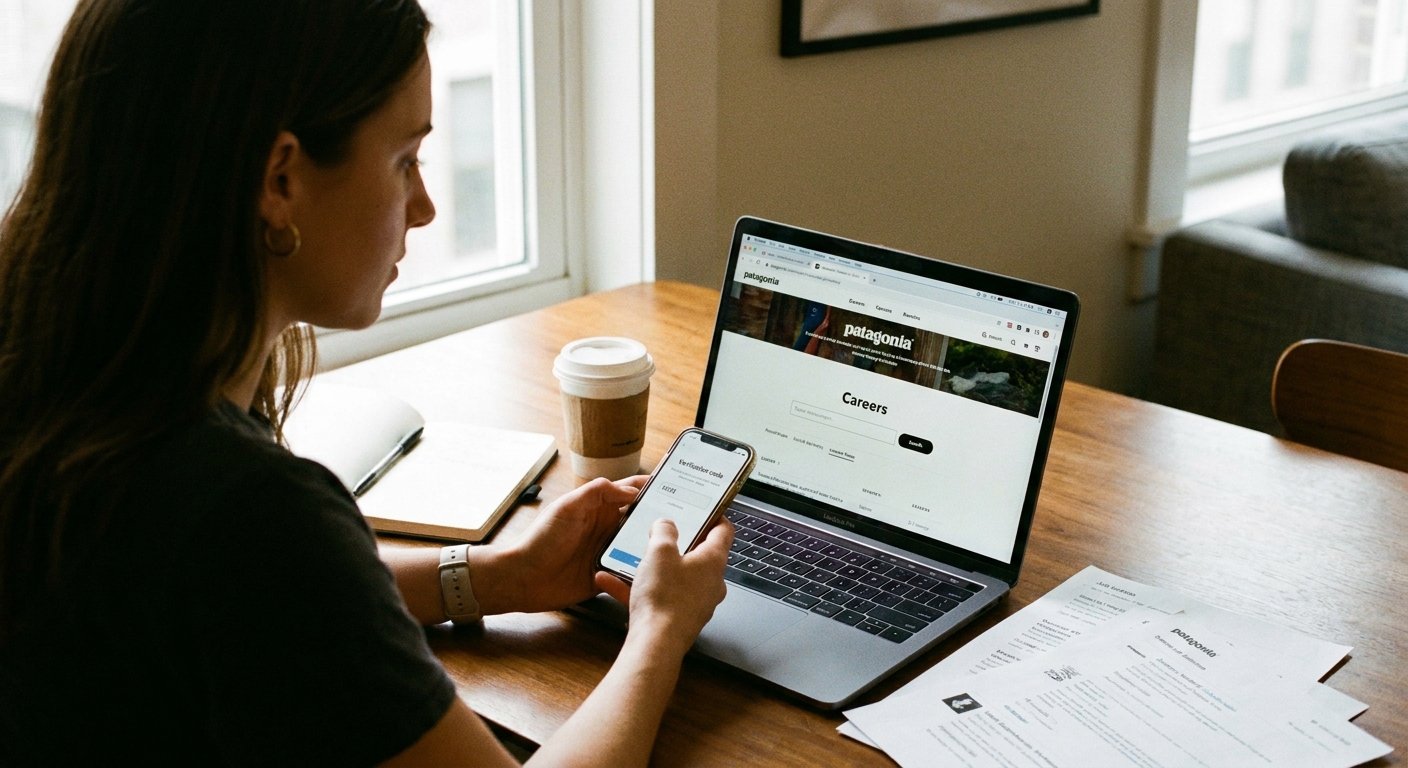 A job seeker reviewing a company careers page on a laptop with a phone nearby for verification