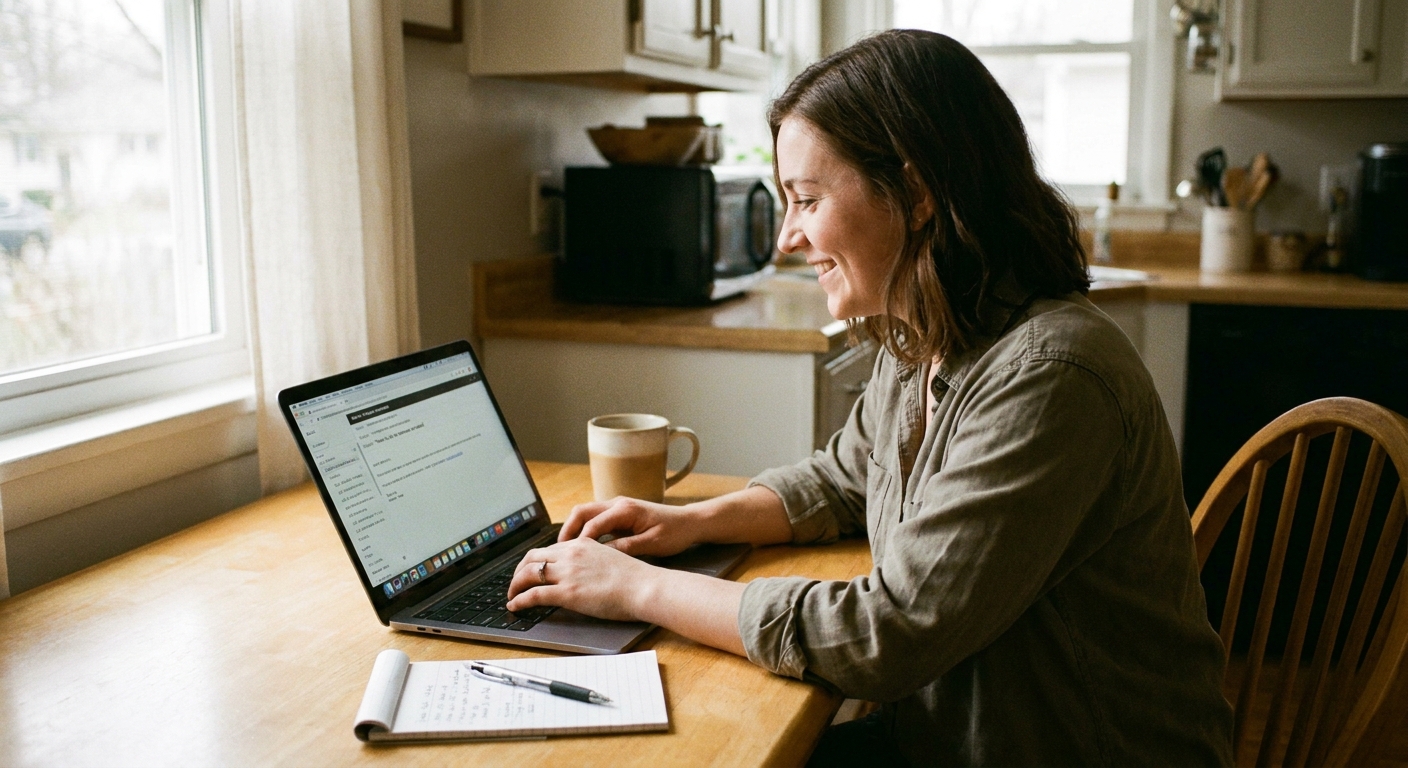 A job seeker seated at a kitchen table typing a professional thank-you email on a laptop, with a notepad and pen nearby, natural window light