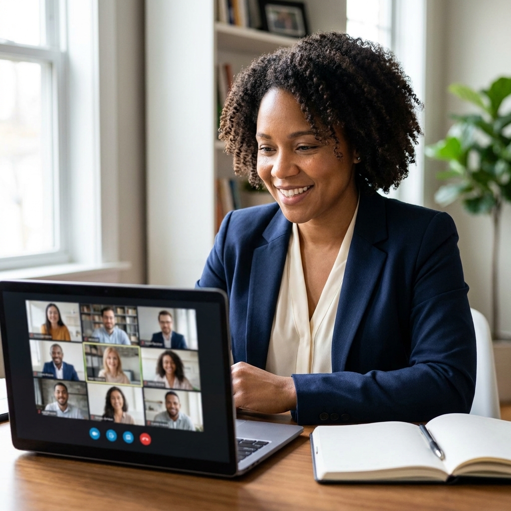 A job seeker sitting at a desk during a virtual job fair video call, wearing business casual clothing with a laptop open and notes beside the keyboard