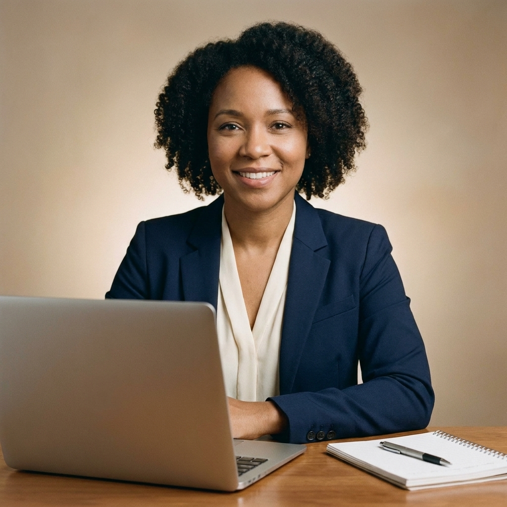 A job seeker sitting at a desk with a laptop open during a video call, looking at the webcam with a notepad beside them