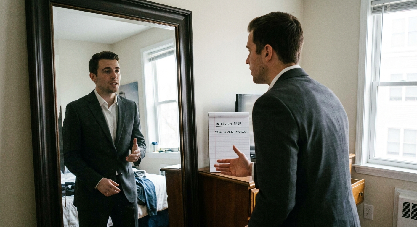 A job seeker standing in front of a mirror practicing interview answers with a focused expression