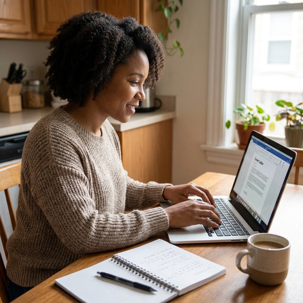 A job seeker typing a cover letter on a laptop at a kitchen table with a notebook and pen nearby
