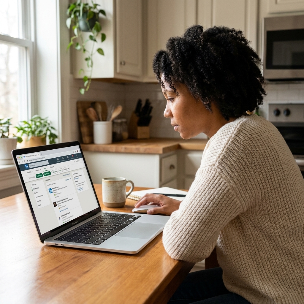 A job seeker using a laptop at a kitchen table while browsing a professional networking site with search filters visible, suggesting focused remote job searching
