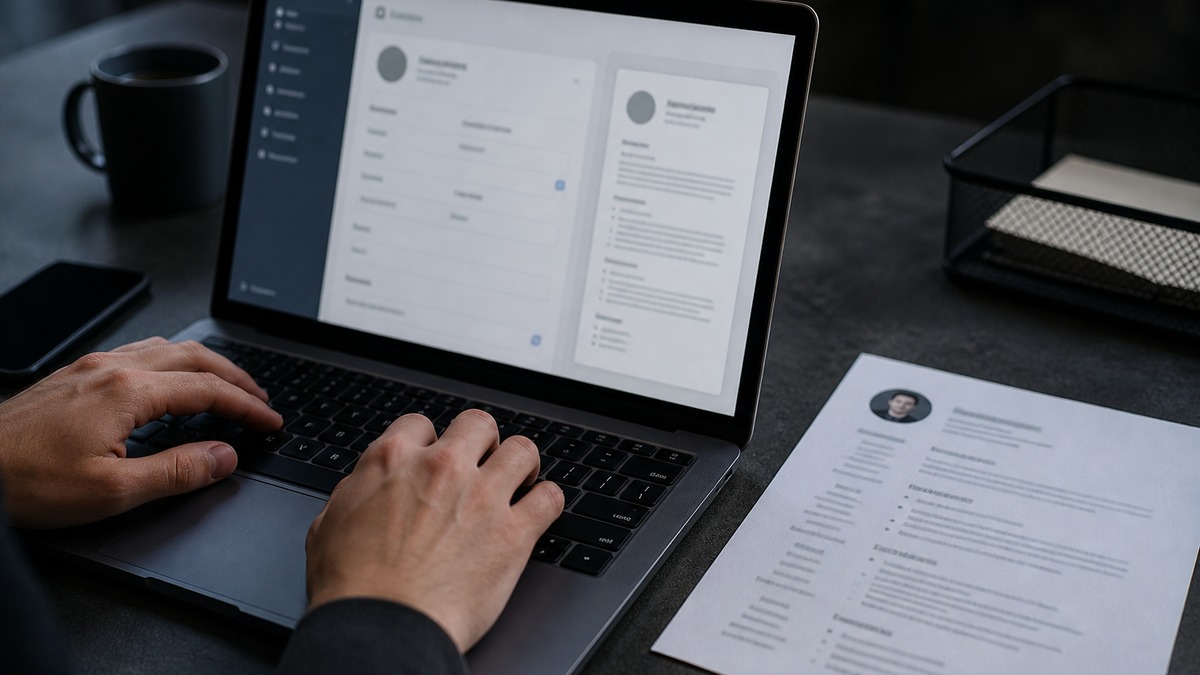A laptop displaying a resume document with section headings and bullet points while someone types.