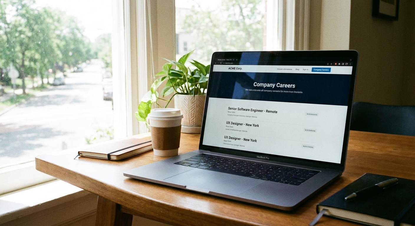 A laptop on a desk displaying a company careers webpage with job listings, bright natural light from a nearby window