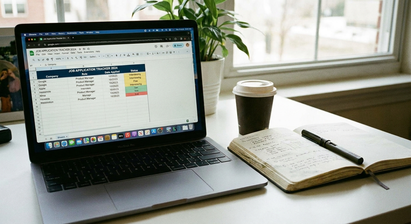A laptop on a desk displaying a job application tracking spreadsheet with a notebook and pen beside it