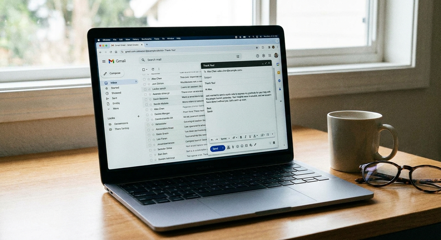 A laptop screen showing an email inbox with a drafted thank-you message ready to send