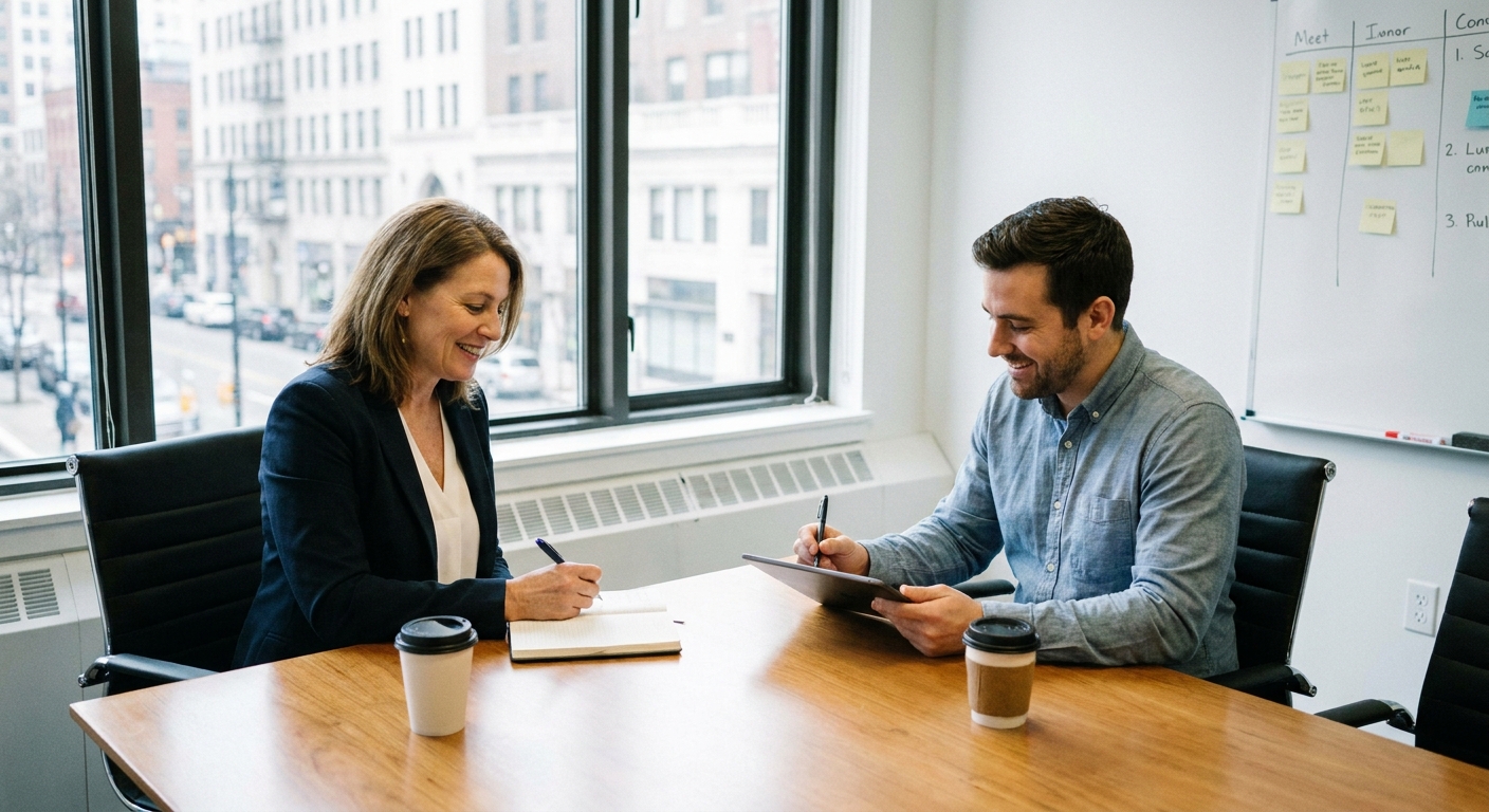 A manager and an employee sitting across from each other in a conference room during a one-on-one meeting, both taking notes