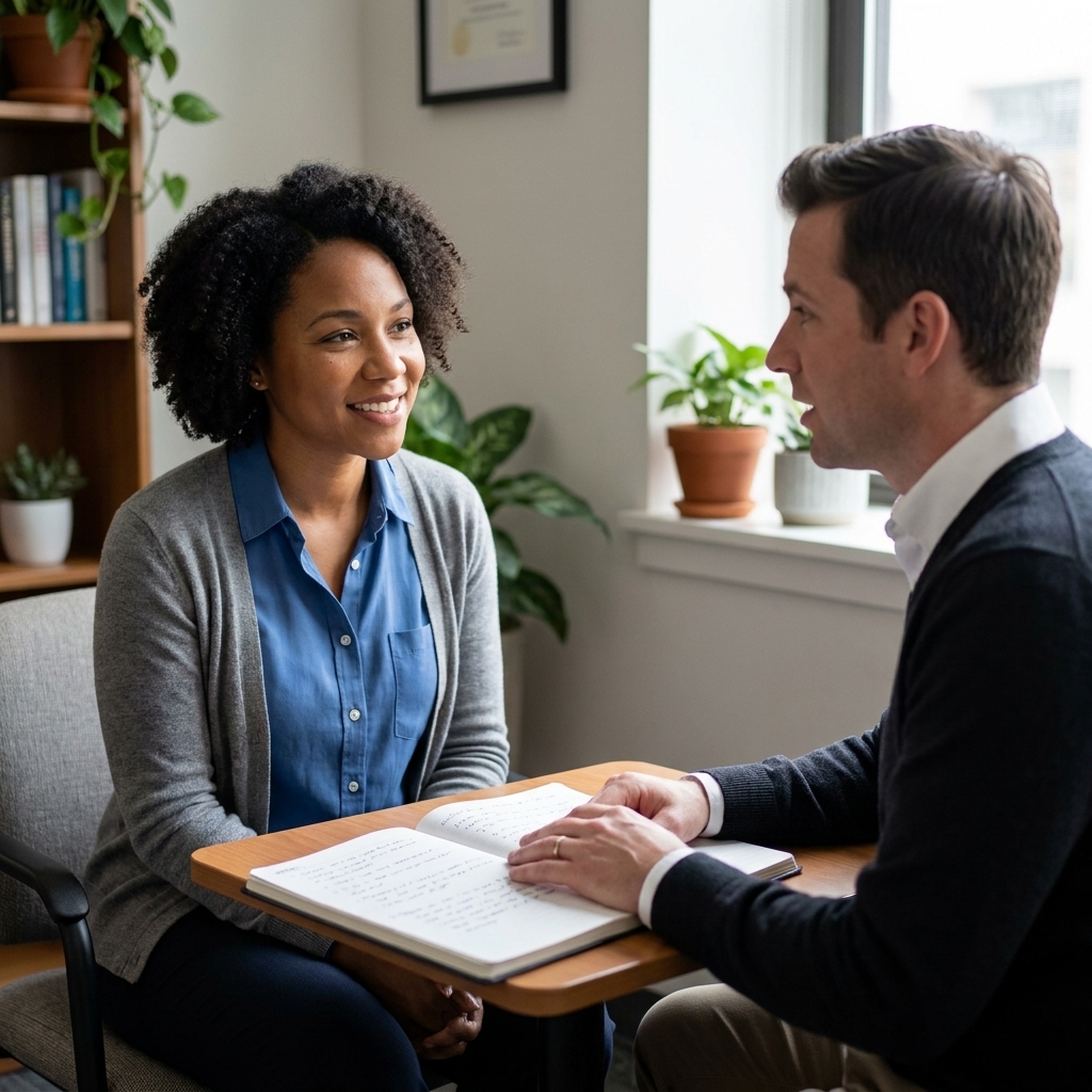 A manager and employee seated in a quiet office corner having a one-on-one conversation with a notebook open on the table