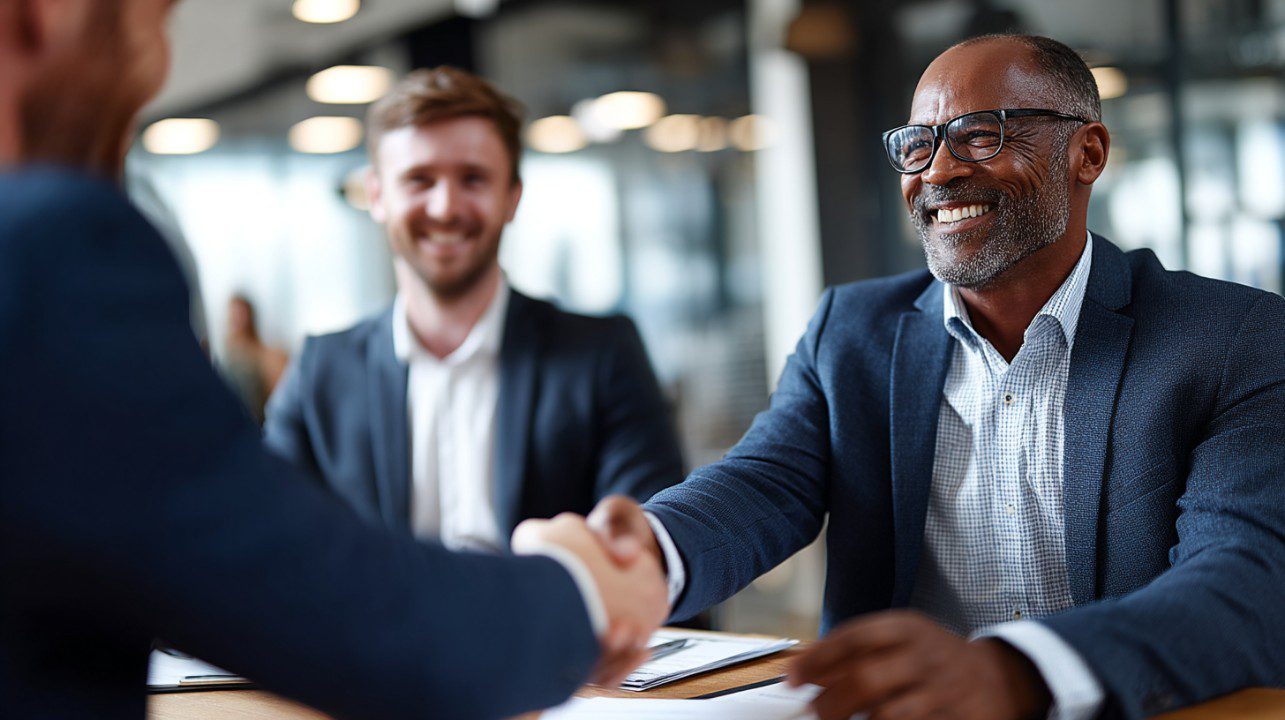 A manager and employee shaking hands at the end of a meeting in a conference room, indicating agreement on next steps
