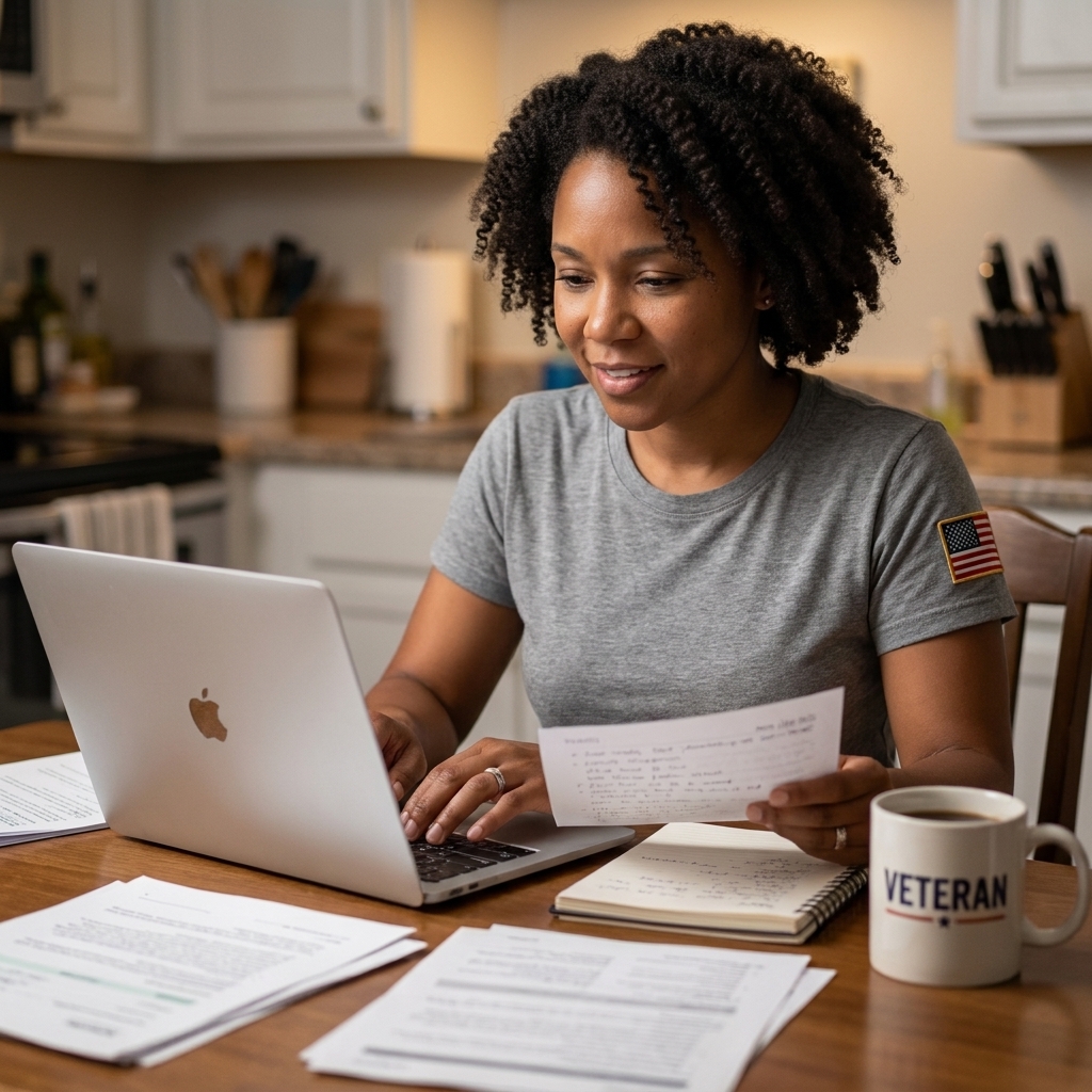 A military veteran at a kitchen table reviewing notes and typing a resume on a laptop with documents spread out