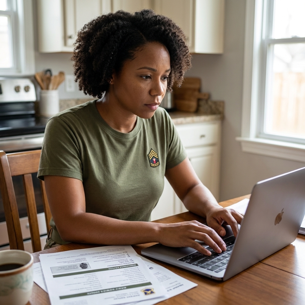 A military veteran at a kitchen table reviewing paperwork and typing on a laptop while drafting a civilian resume