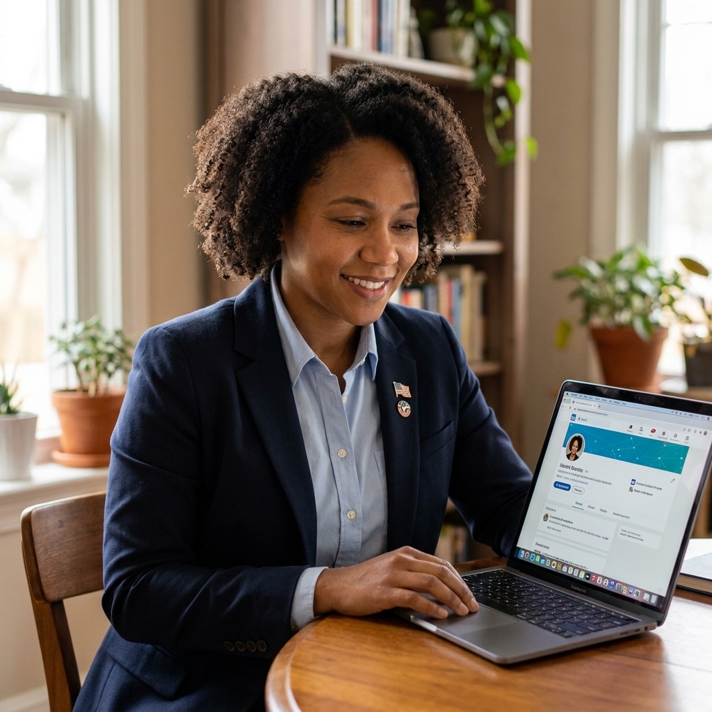 A military veteran in casual business attire reviewing a professional profile on a laptop at home