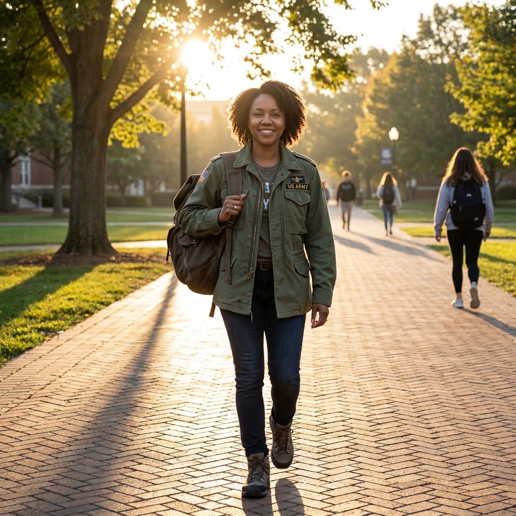 A military veteran wearing a backpack walking across a college campus pathway in the early morning light