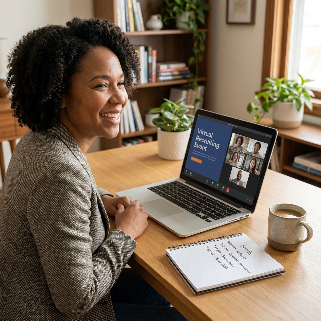 A neat home office setup with a laptop on a desk, a notepad with a schedule written out, and a mug beside it, ready for a virtual recruiting event