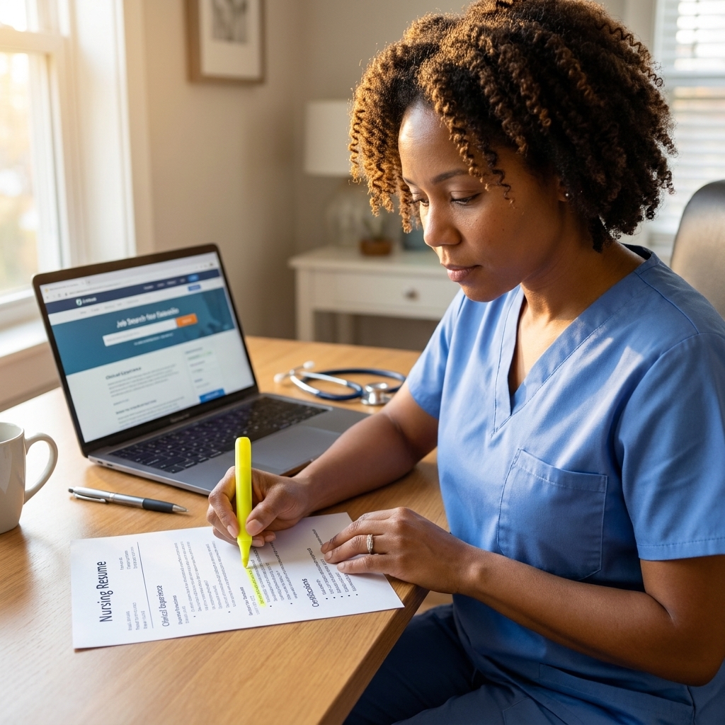 A nurse candidate reviewing a printed resume next to a laptop, highlighting clinical experience bullets and certifications on a desk