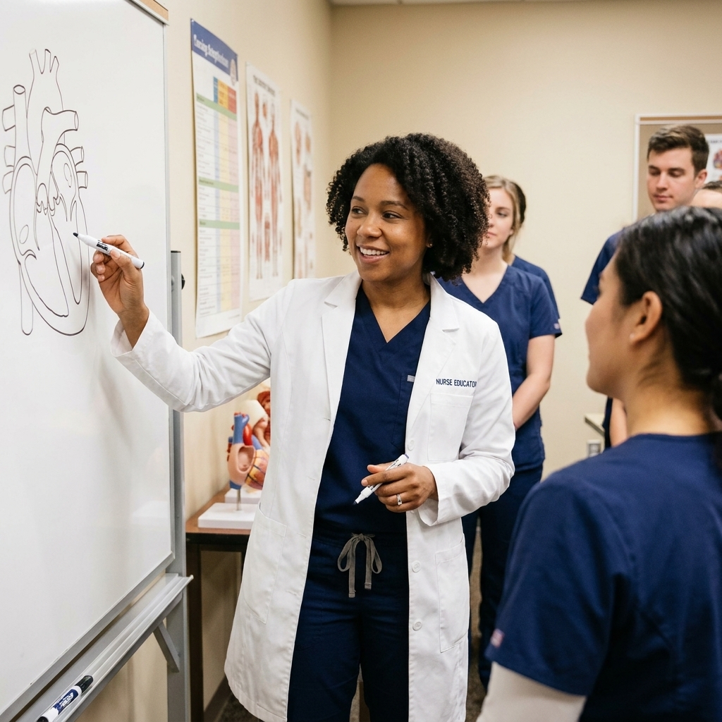 A nurse educator teaching nursing students in a classroom