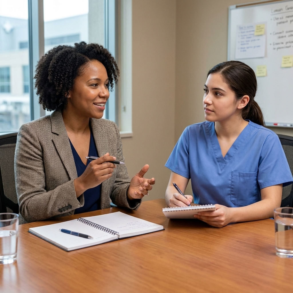A nurse manager and a new graduate nurse sitting in a hospital conference room during an interview, with notepads on the table
