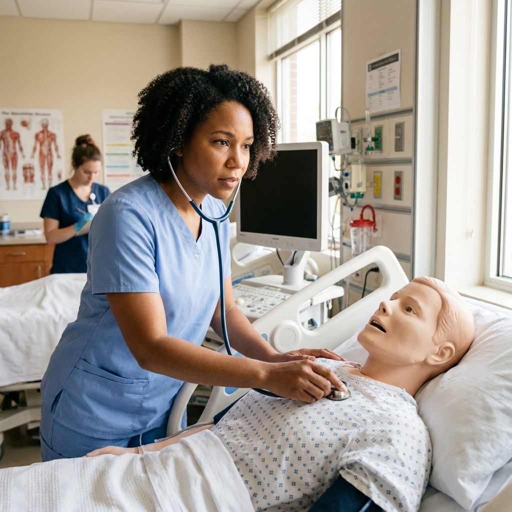 A nursing student in scrubs practicing patient assessment on a medical simulation mannequin in a skills lab