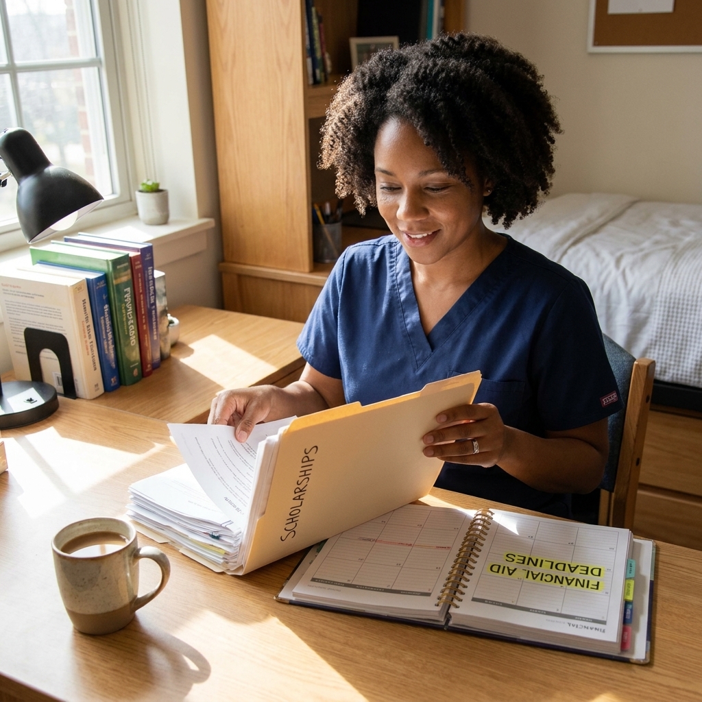 A nursing student organizing scholarship documents in a folder beside a planner and a cup of coffee on a desk