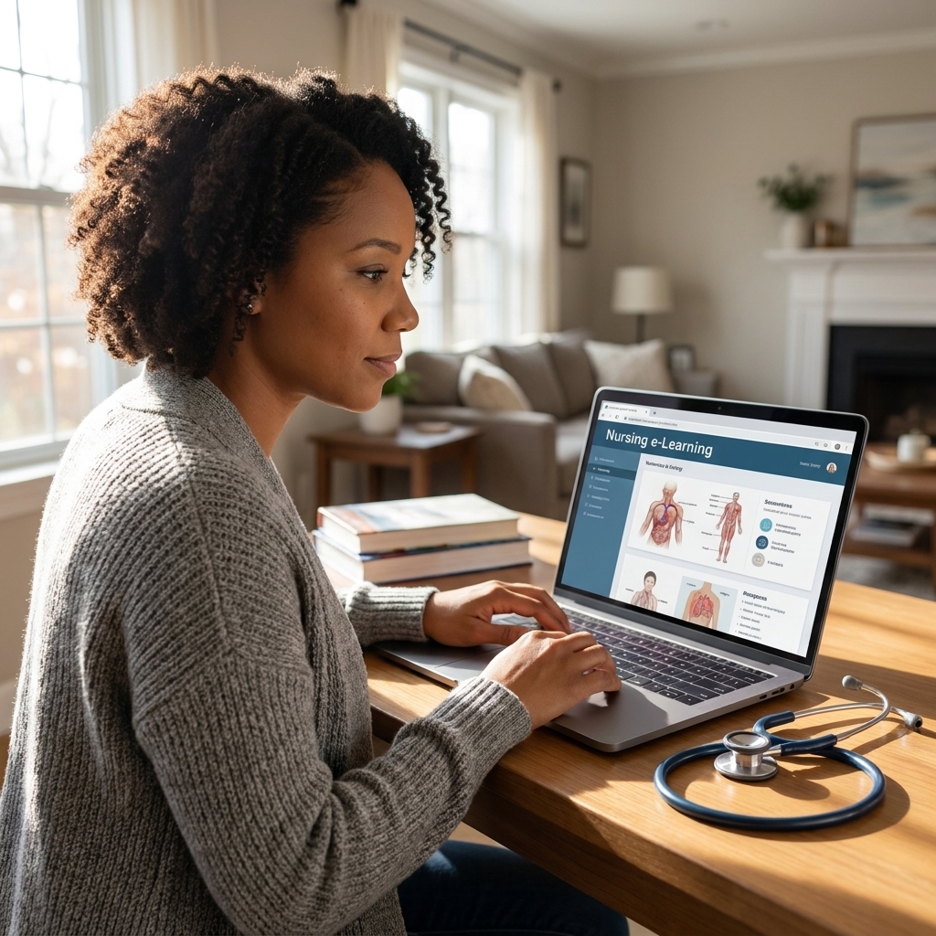 A nursing student studying at home with a laptop open to an online learning portal and a stethoscope resting beside the computer