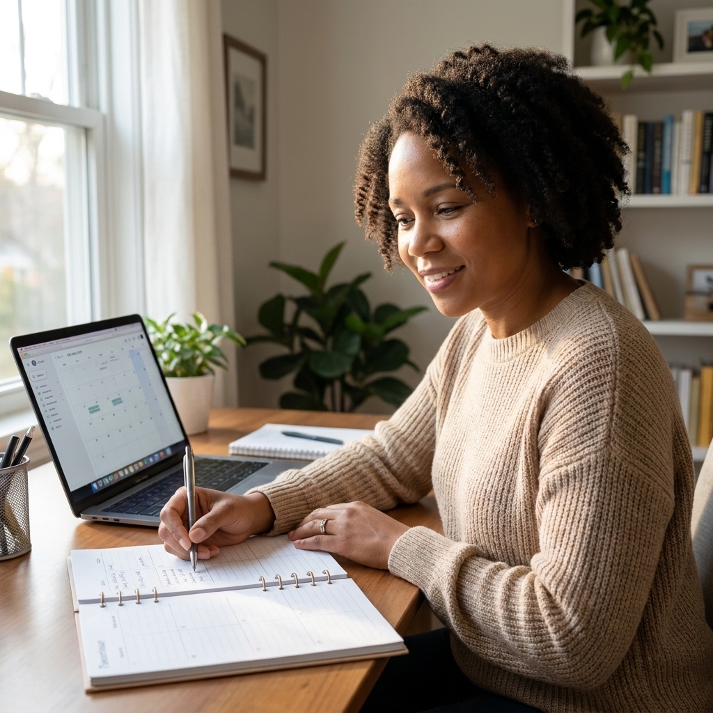 A person at a desk planning their week with a paper calendar and laptop open, morning light in a home office