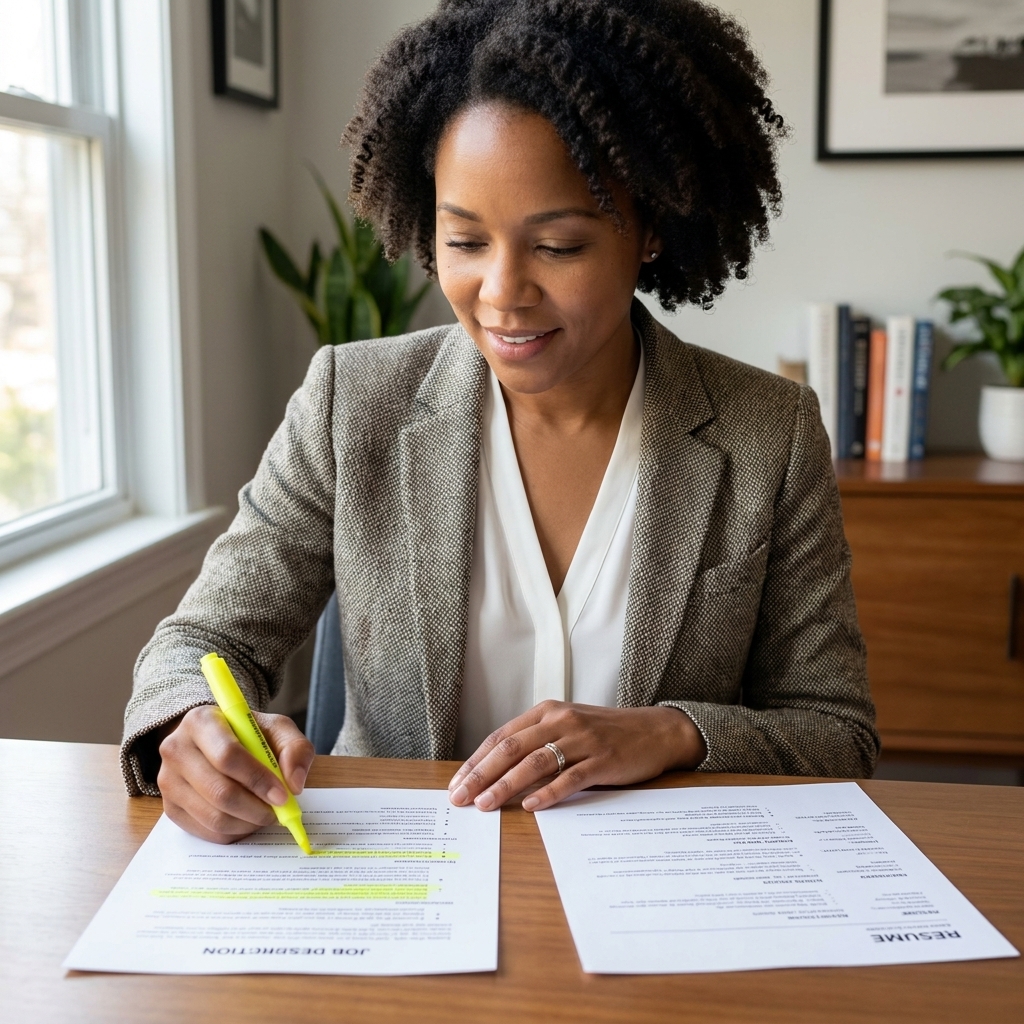 A person highlighting key requirements on a printed job description next to a resume on a desk
